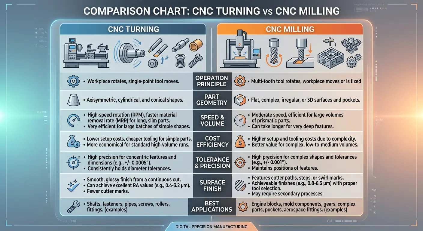 CNC turning vs CNC milling comparison chart showing differences in speed, cost, tolerance, surface finish, and best applications